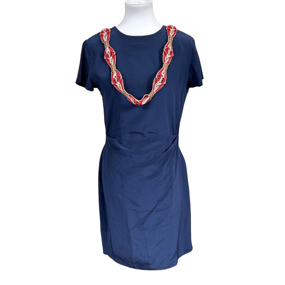 VTG Gillian Womens Dress Size 8 Silk Navy Blue Nautical Faux Wrap Short Sleeve